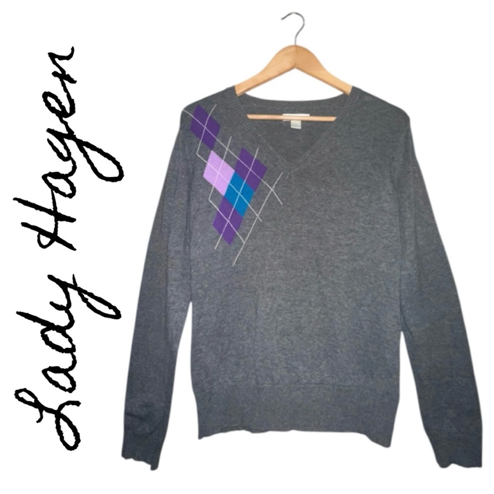 LADY HAGEN Gray Argyle V-Neck Sweater Cotton Golf Elevated Chic Refined Women M